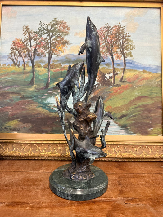Vintage Mid Century Modern Style Bronze Toned Dolphin Sculpture on Green Marble like Base Nautical Ocean