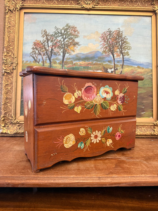 Vintage Hand-Painted Wooden Jewelry Trinket Box - Folk Art Style Floral Organizer Primitive Storage Chest