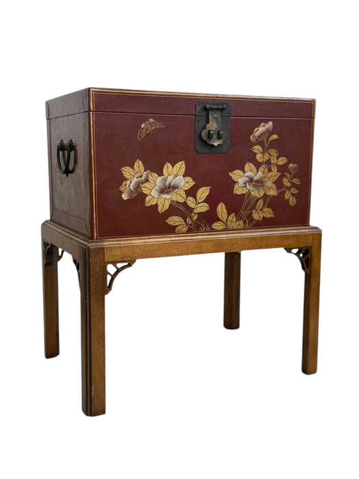 Vintage Mid Century Modern Style Asian Lacquered Style Storage Accent Table with Floral & Bird Motif with Removable Chest