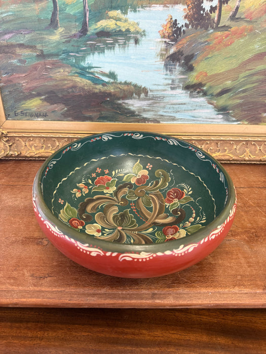 Signed Vintage Hand-Painted Norwegian Rosemaling Style Bowl - Scandinavian Folk Art, Toleware Decorative Style, Red & Green Floral Design