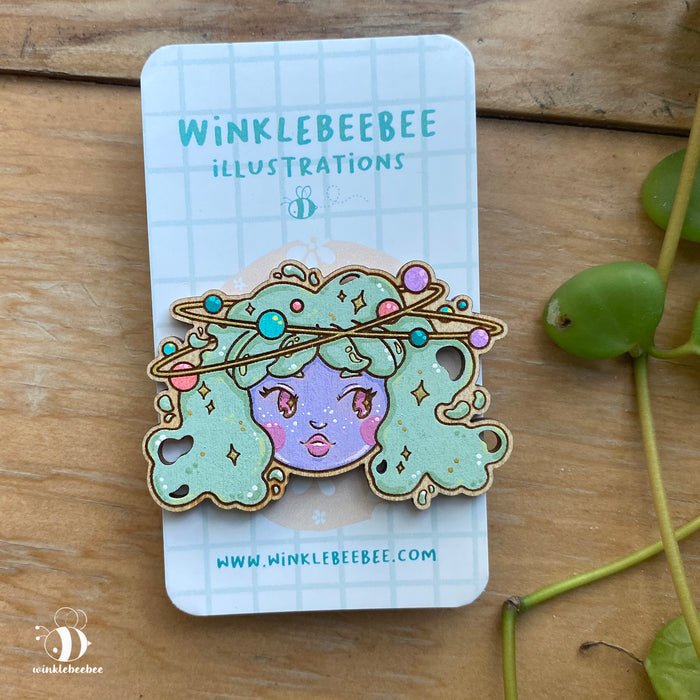 Pastel Space Babe - Laser Engraved Wood Pin