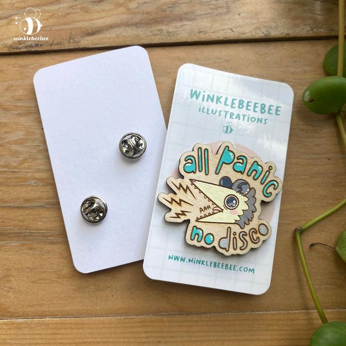 All Panic, No Disco Pin - Laser Engraved Wood