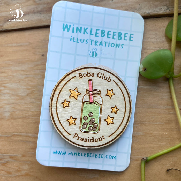 Boba Club President Pin - Laser Engraved Wood