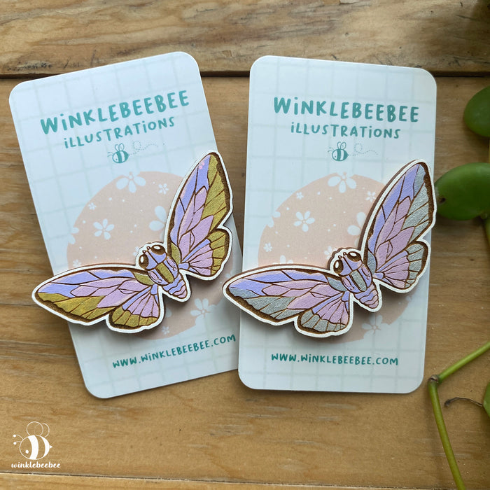 Pastel Cicada Pin - Laser Engraved Wood