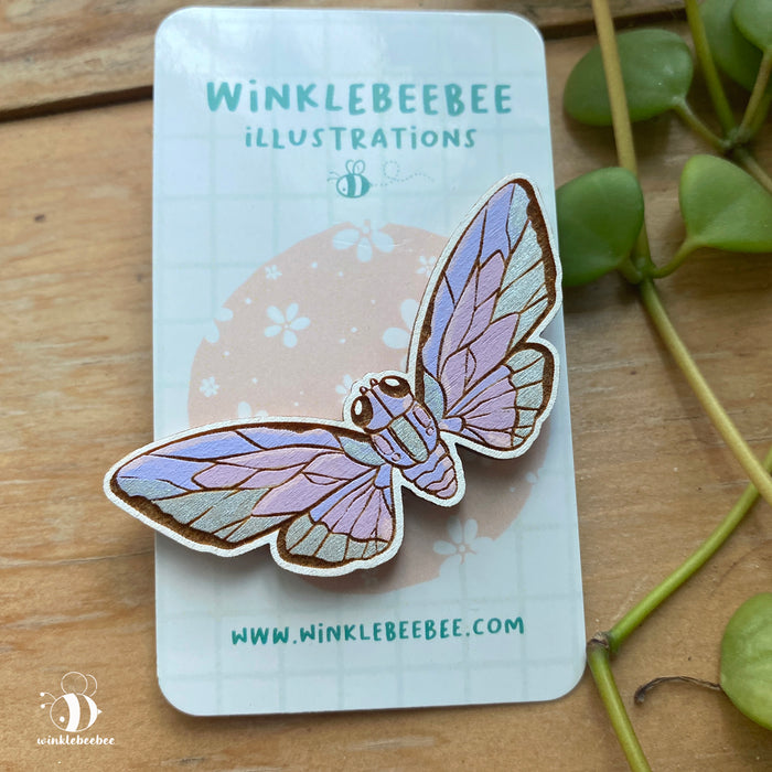 Pastel Cicada Pin - Laser Engraved Wood
