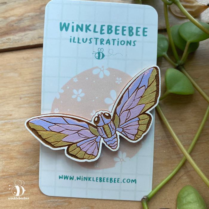 Pastel Cicada Pin - Laser Engraved Wood