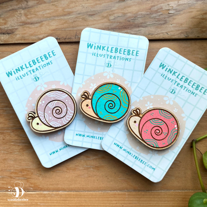 Garden Snail Pins - Laser Engraved Wood