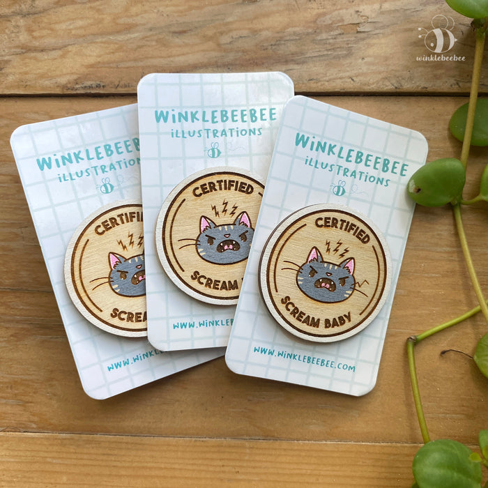 Certified Scream Baby Pin - Laser Engraved Wood