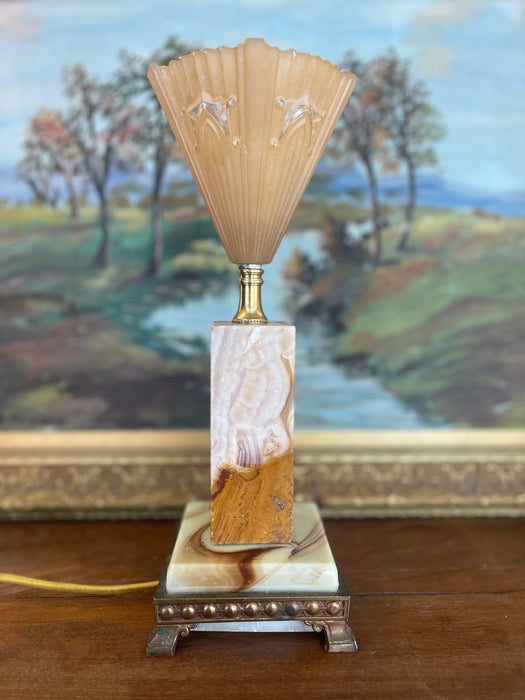 1930s French Art Deco Style Table Lamp with Molded Peach Glass Fan Shade and Bronze toned Footed Base