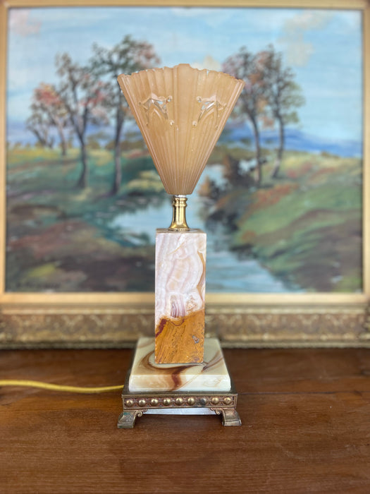 1930s French Art Deco Style Table Lamp with Molded Peach Glass Fan Shade and Bronze toned Footed Base