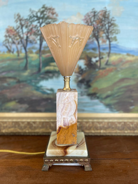 1930s French Art Deco Style Table Lamp with Molded Peach Glass Fan Shade and Bronze toned Footed Base