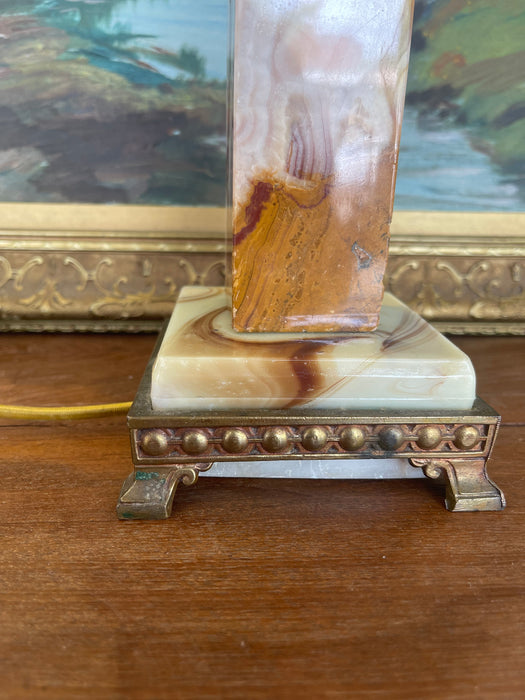 1930s French Art Deco Style Table Lamp with Molded Peach Glass Fan Shade and Bronze toned Footed Base
