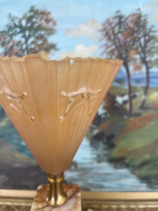 1930s French Art Deco Style Table Lamp with Molded Peach Glass Fan Shade and Bronze toned Footed Base