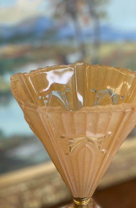 1930s French Art Deco Style Table Lamp with Molded Peach Glass Fan Shade and Bronze toned Footed Base