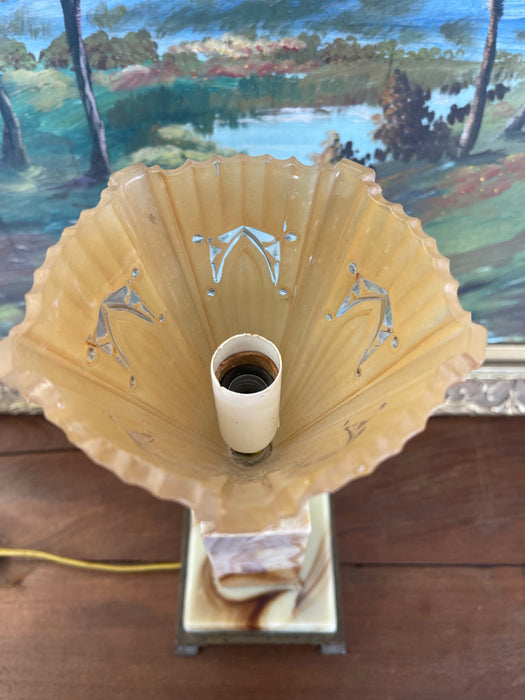 1930s French Art Deco Style Table Lamp with Molded Peach Glass Fan Shade and Bronze toned Footed Base