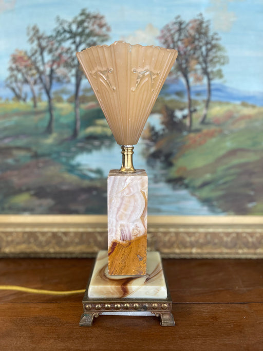 1930s French Art Deco Style Table Lamp with Molded Peach Glass Fan Shade and Bronze toned Footed Base