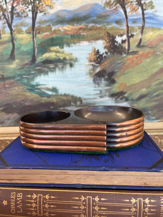 1930s Style Art Deco Machine Age Copper Toned and possibly Bakelite Double Ashtray with Streamlined Ribbed Design