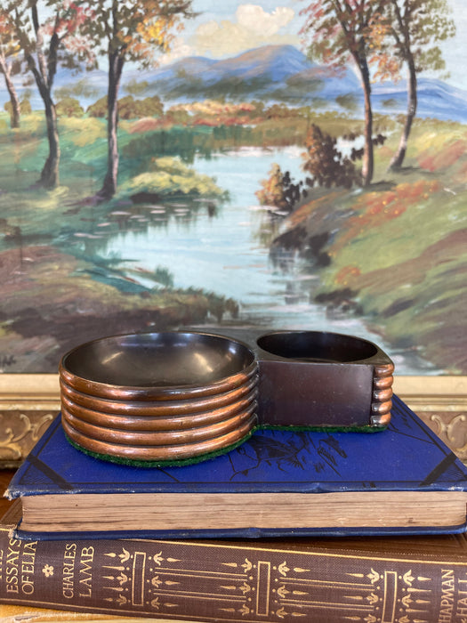 1930s Style Art Deco Machine Age Copper Toned and possibly Bakelite Double Ashtray with Streamlined Ribbed Design