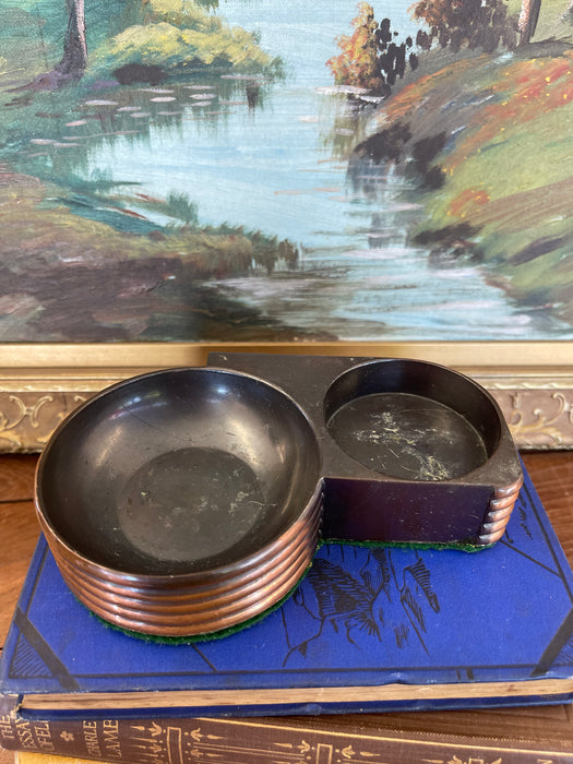 1930s Style Art Deco Machine Age Copper Toned and possibly Bakelite Double Ashtray with Streamlined Ribbed Design