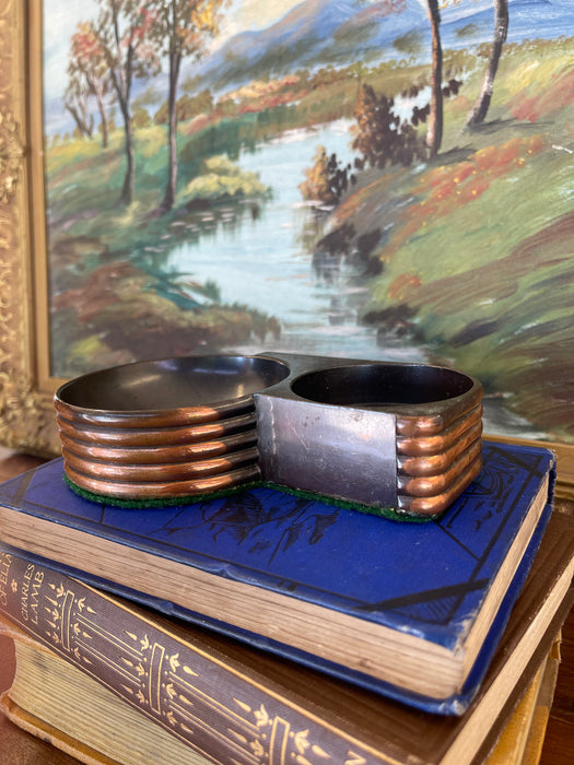 1930s Style Art Deco Machine Age Copper Toned and possibly Bakelite Double Ashtray with Streamlined Ribbed Design