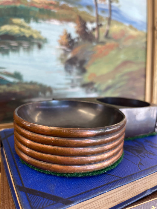 1930s Style Art Deco Machine Age Copper Toned and possibly Bakelite Double Ashtray with Streamlined Ribbed Design