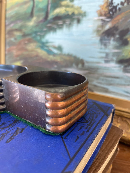 1930s Style Art Deco Machine Age Copper Toned and possibly Bakelite Double Ashtray with Streamlined Ribbed Design