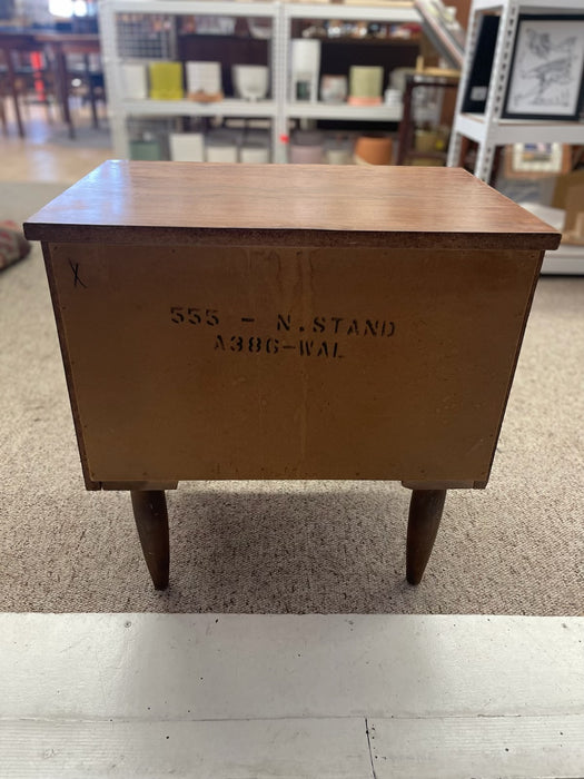1960s Mid-Century Modern Likely Walnut Nightstand | 2-Drawer Bedside Table with Solid Wood Sculpted Handles & Dovetail Joinery
