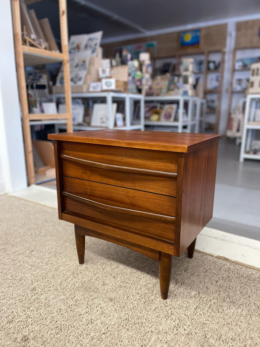1960s Mid-Century Modern Likely Walnut Nightstand | 2-Drawer Bedside Table with Solid Wood Sculpted Handles & Dovetail Joinery
