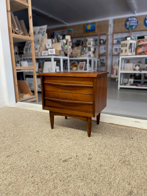 1960s Mid-Century Modern Likely Walnut Nightstand | 2-Drawer Bedside Table with Solid Wood Sculpted Handles & Dovetail Joinery