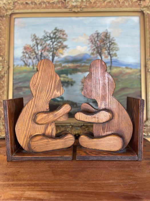 1970s Style Hand-Carved Wooden Bear Bookends - Rustic Folk Art Cabin Decor