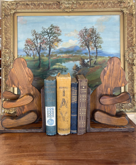 1970s Style Hand-Carved Wooden Bear Bookends - Rustic Folk Art Cabin Decor