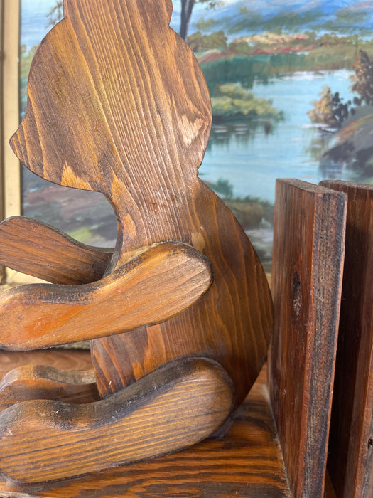 1970s Style Hand-Carved Wooden Bear Bookends - Rustic Folk Art Cabin Decor