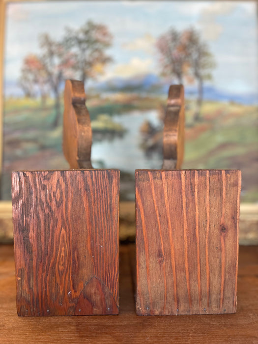 1970s Style Hand-Carved Wooden Bear Bookends - Rustic Folk Art Cabin Decor