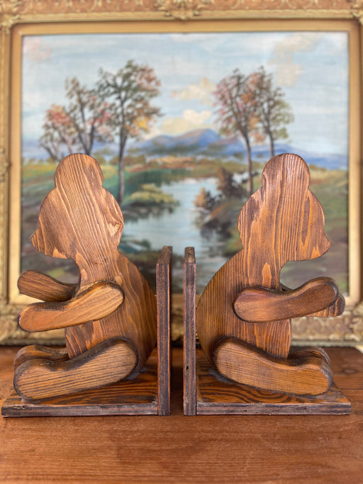 1970s Style Hand-Carved Wooden Bear Bookends - Rustic Folk Art Cabin Decor