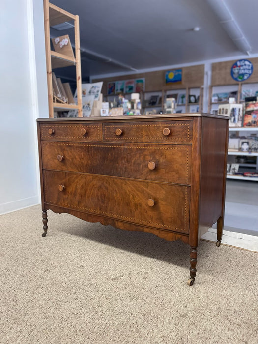 Possibly Early 19th Century Likely Mahogany Chest of Drawers with Dovetailed Drawers, Burl accents, Wood Inlay, and Turned Knobs, Stamped