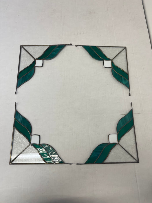 Vintage Stained Glass Corner Window Panel Leaf Motif in Green White & Textured Clear Glass Hanging Suncatcher 1980s Style