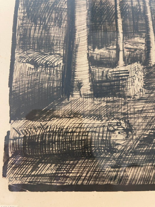 Framed Vincent van Gogh "The Road with Poplars" Pencil and Ink Reproduction, 1885, Edition Stedelijk Museum Amsterdam