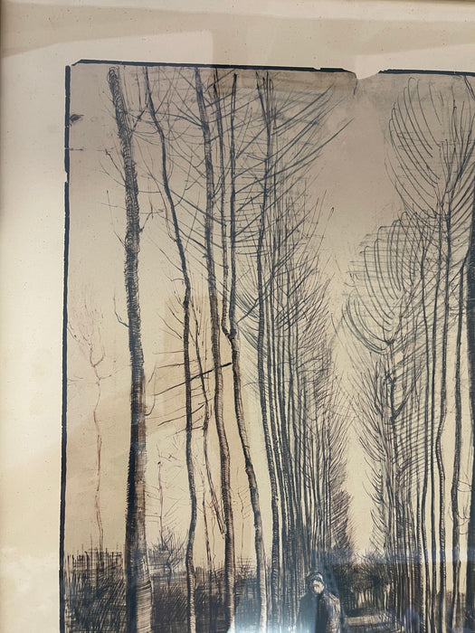 Framed Vincent van Gogh "The Road with Poplars" Pencil and Ink Reproduction, 1885, Edition Stedelijk Museum Amsterdam