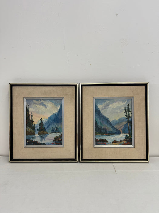 A set of two signed vintage mid century modern style paintings depicting an abstract mountain scene (Available by online purchase only)