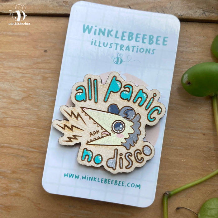 All Panic, No Disco Pin - Laser Engraved Wood