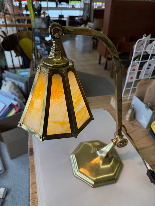 Antique Arts and Crafts Brass and Slag Stained Glass Lamp c.1910 by Salo Metal Arts Company