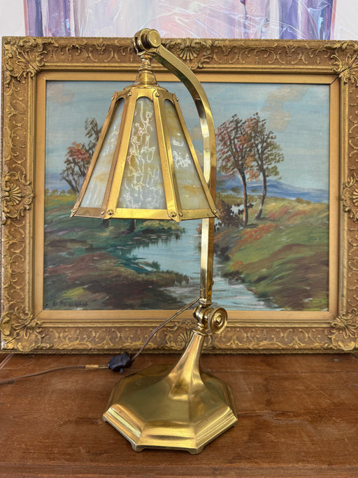Antique Arts and Crafts Brass and Slag Stained Glass Lamp c.1910 by Salo Metal Arts Company