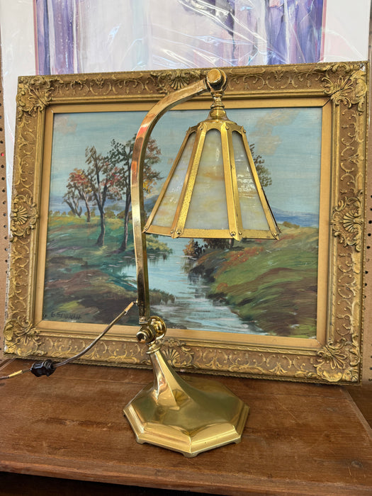 Antique Arts and Crafts Brass and Slag Stained Glass Lamp c.1910 by Salo Metal Arts Company