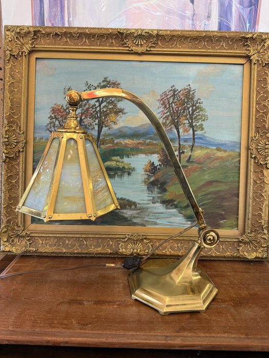 Antique Arts and Crafts Brass and Slag Stained Glass Lamp c.1910 by Salo Metal Arts Company