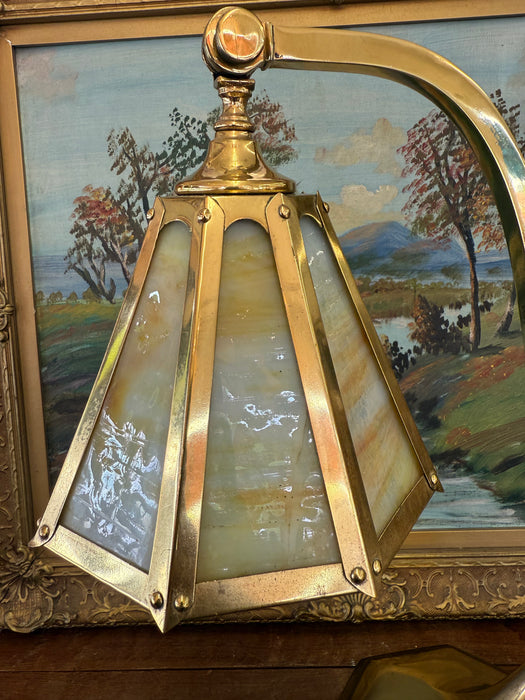 Antique Arts and Crafts Brass and Slag Stained Glass Lamp c.1910 by Salo Metal Arts Company