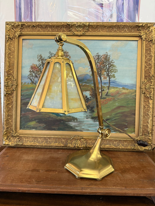 Antique Arts and Crafts Brass and Slag Stained Glass Lamp c.1910 by Salo Metal Arts Company