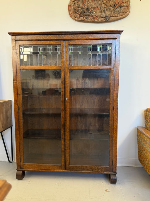 Antique Arts and Crafts Oak 5-Shelf Bookcase with Stained Glass Doors (Available by Online Purchase Only)