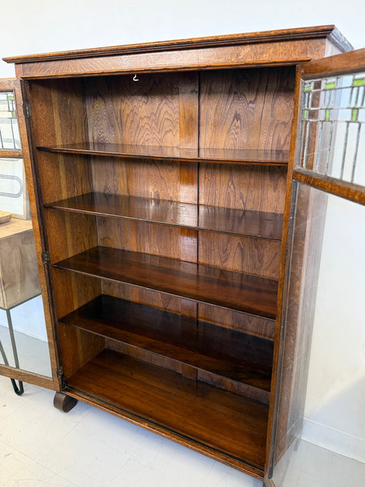 Antique Arts and Crafts Oak 5-Shelf Bookcase with Stained Glass Doors (Available by Online Purchase Only)