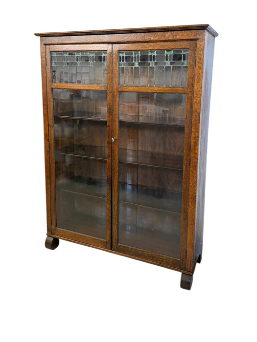Antique Arts and Crafts Oak 5-Shelf Bookcase with Stained Glass Doors (Available by Online Purchase Only)