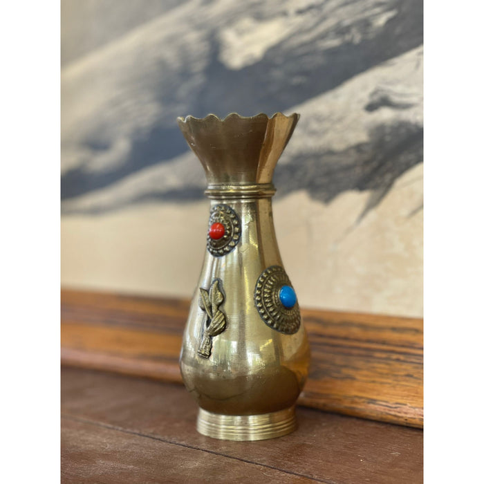 Antique Decorative Brass Bejeweled Vase Red and Blue Accents